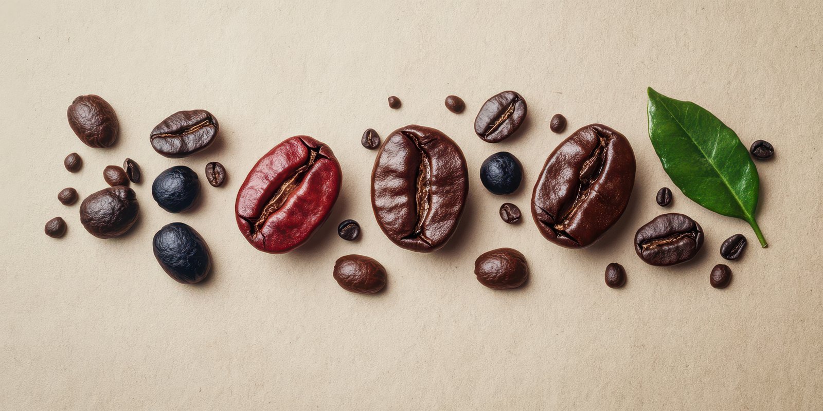 Coffee beans of various types arranged artfully on a neutral background highlighting their unique shapes and colors